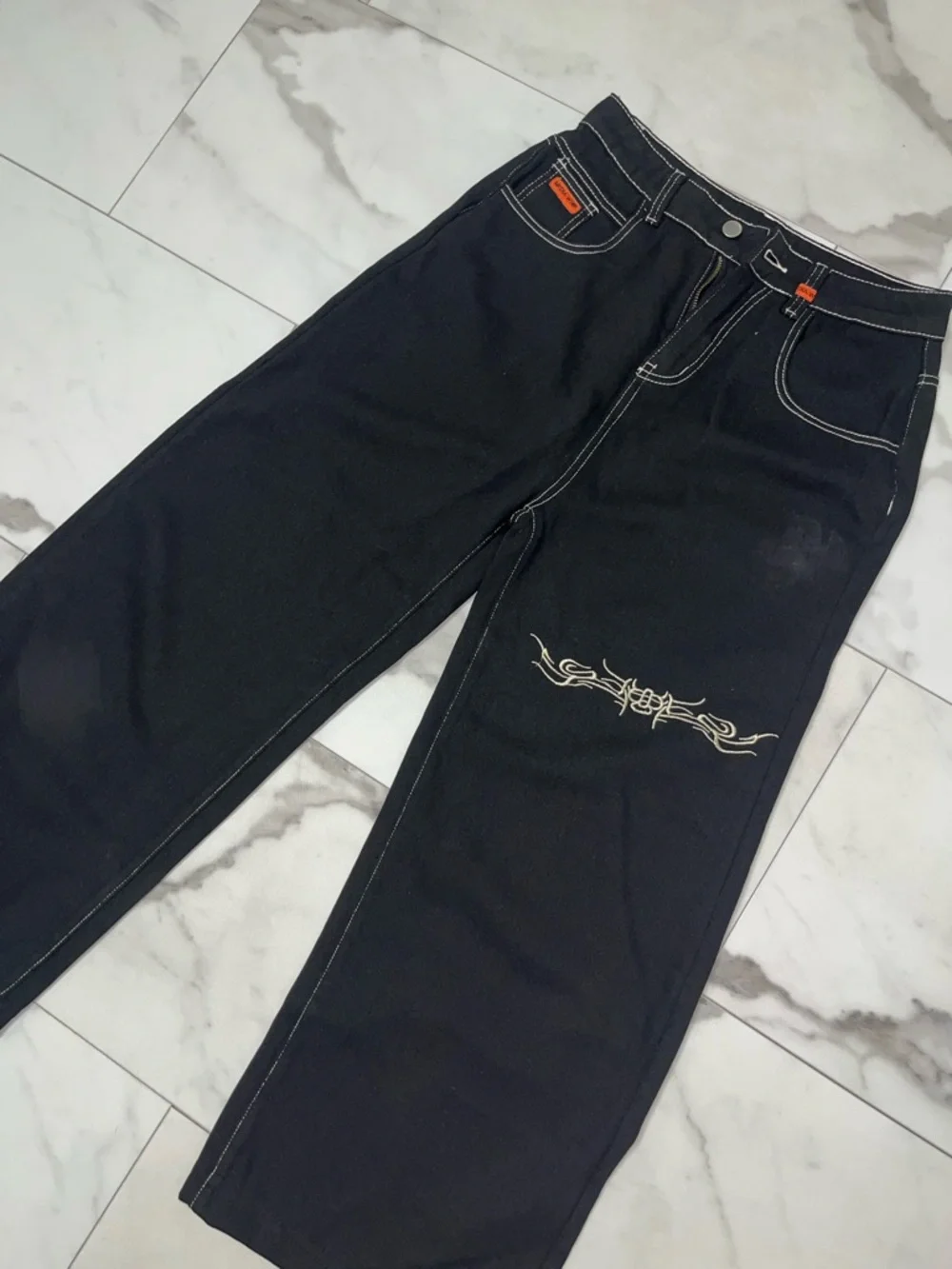 Men's Black Jeans with White Stitch & Embroidery - Picture 3 of 5